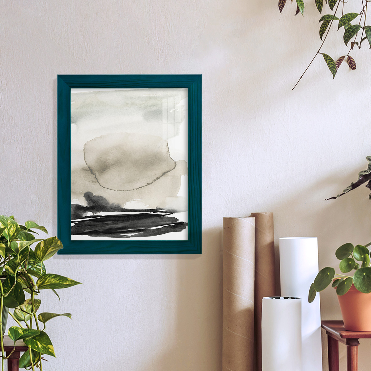 Ebony Horizon Triptych II - Framed Print w/glass - Ocean Blue