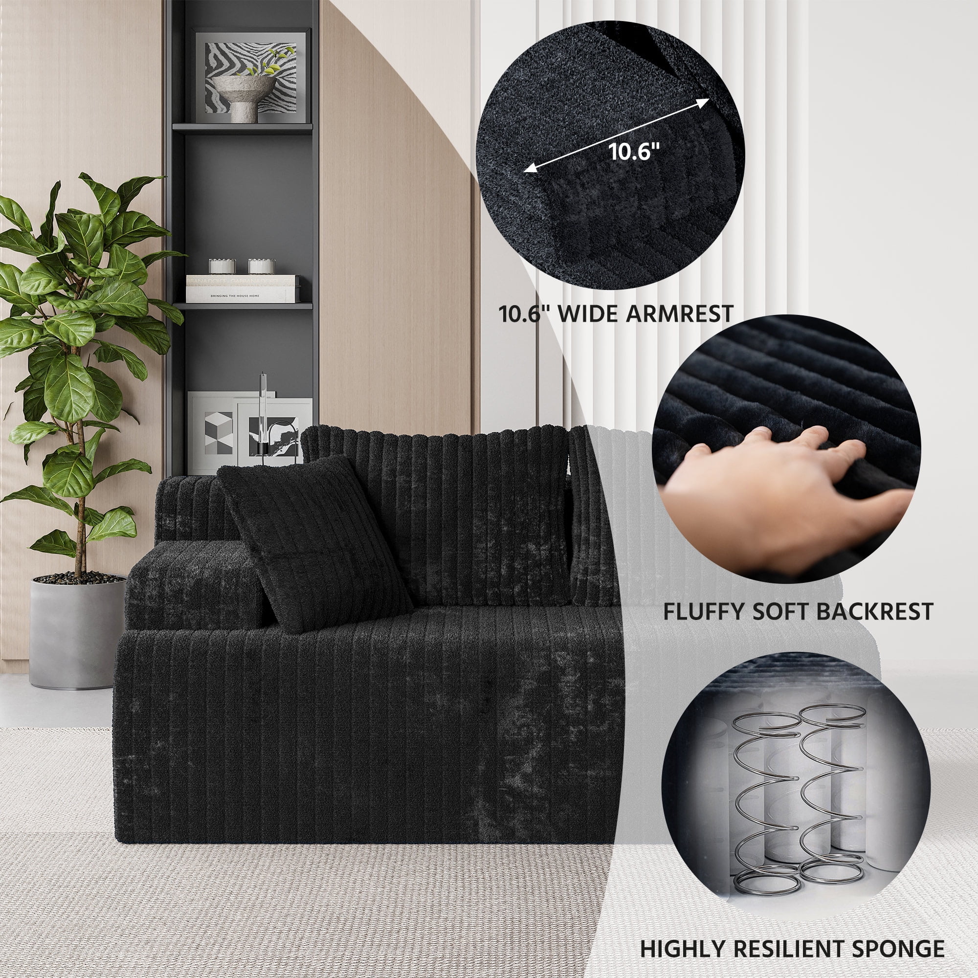 LAUSAINT HOME 96" Boneless Sectional Sofa, L-Shaped Modular Cloud Couch with Deep Seat & Plush Corduroy Fabric (Black, Left Facing Chaise)