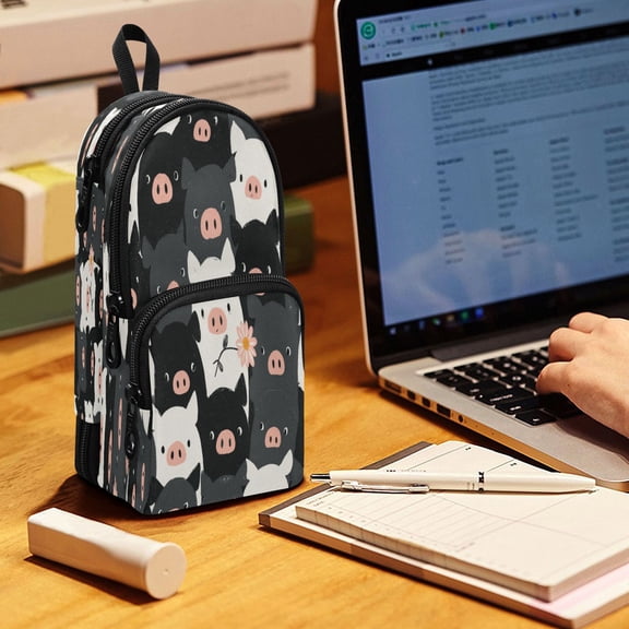 Backpack Pencil Case, 3 Compartment Large Capacity Oxford Fabric Pencil Pouch / Monochrome Piggy Crowd