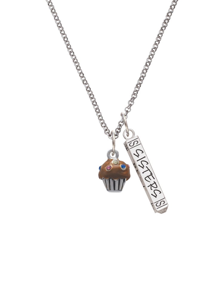 Delight Jewelry Silvertone Small Chocolate Cupcake with Crystal Sprinkles Silvertone Sisters Best Friends Forever Bar Charm Necklace, 23"