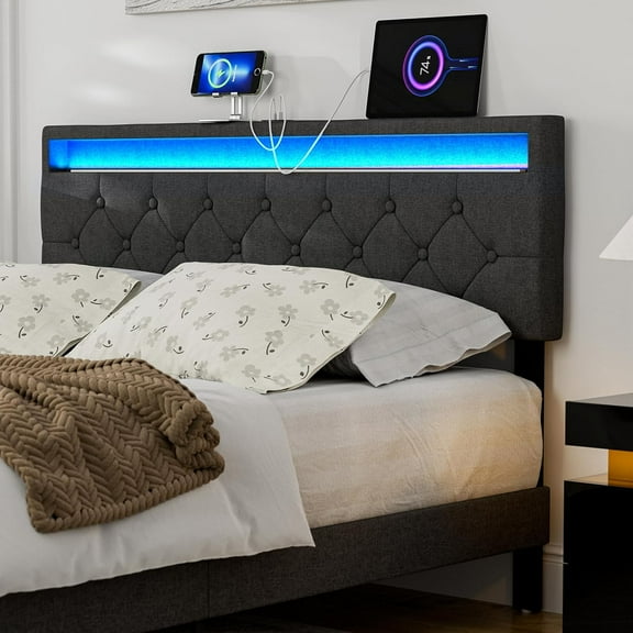 Full Size Headboard with LED Lights & 2 USB Ports, Adjustable Height, Modern Upholstered Linen Full Headboard Only, Button Tufted Design, Easy Assembly - Dark Grey