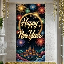 Fireworks Design Happy New Year Banner Clock Pattern New Year Display Golden Lettering Castle Scene Holiday Backdrop for New Year Party Holiday Celebration Indoor Decoration