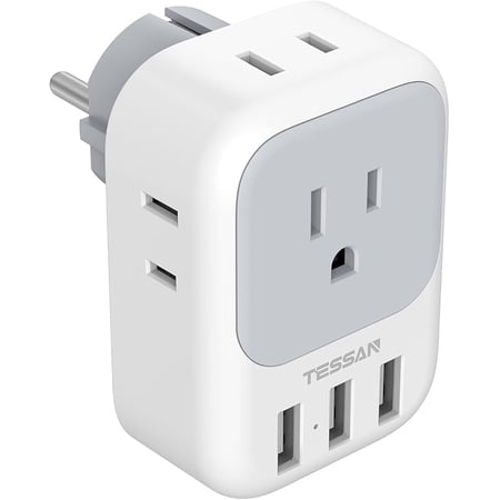 TESSAN Type E F Plug Adapter, Germany France Power Adapter, Schuko Outlet with 4 AC Outlets 3 USB Ports, Travel Adaptor for US to Europe EU Spain Iceland Korea Greece Russia German French