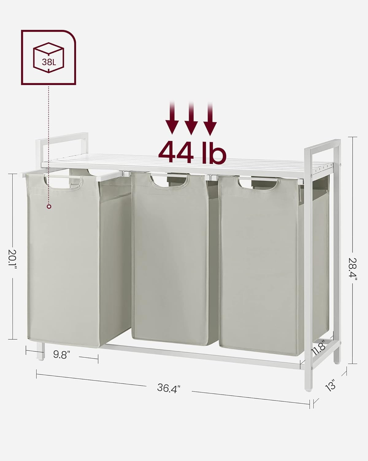 3 Section Laundry Hamper with shelf Laundry Sorter with 3 Pull-Out and Removable Bags for Bathroom Laundry Room White