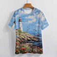 thumbnail image 3 of Lighthouse Sunrise Coast Scenery Pale Blue Tan Women's Short Sleeve T-Shirt Crew Neck Casual Summer Trendy Loose Fit Tops, 3 of 6