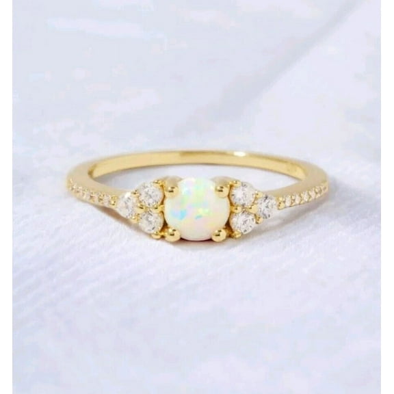 Sparkle Jewels White Opal & Diamond Solitaire Engagement Ring 14k Yellow Gold Plated