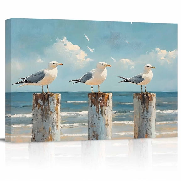 Coastal Seagull Canvas Print Wall Art Seabird Sea Ocean Pictures Painting Morden Artwork for Living Room Bedroom, Ready to Hang - 12"x16"