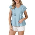 thumbnail image 4 of Casual Short Sleeve Basic Tops V Neck Blouse Casual Linen Loose Fit Peplum Tops S Blue, 4 of 6