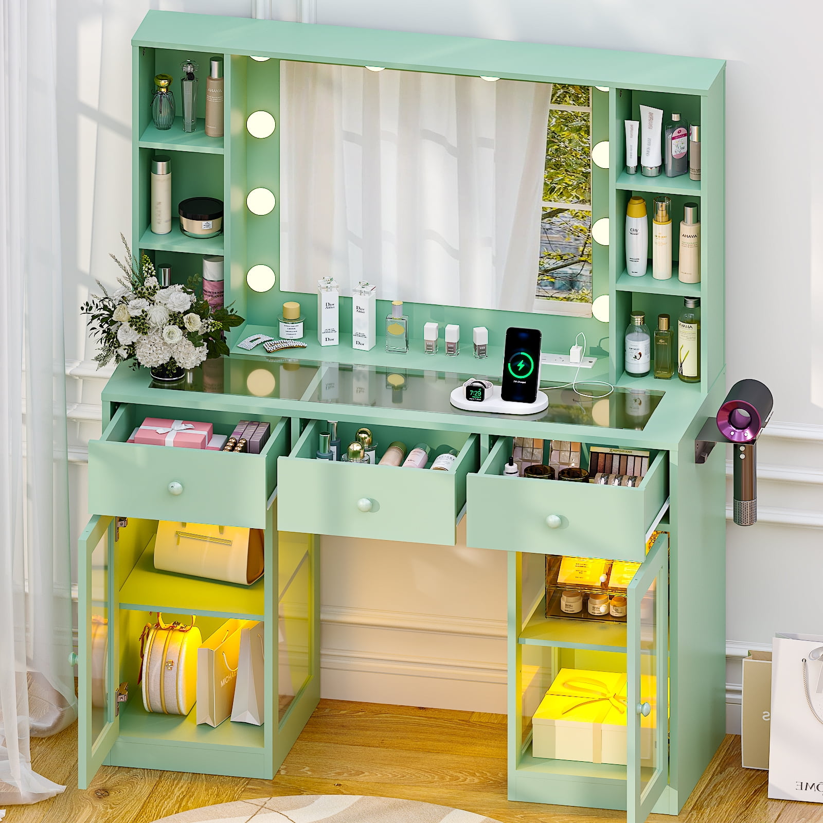 Ktaxon Makeup Vanity with Lighted Mirror, Vanity Table with Glass