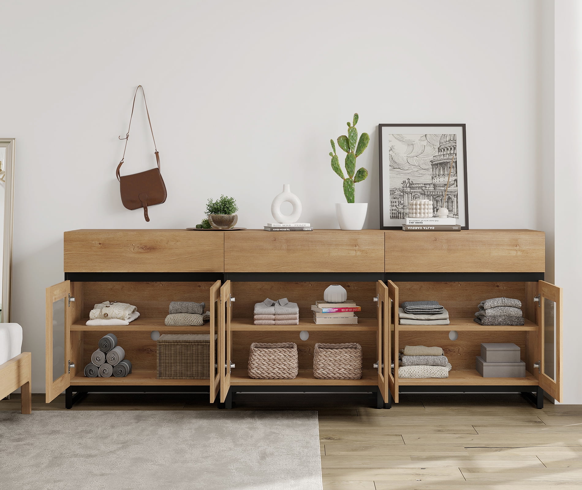 Modern TV Stand with Glass Door & Drawer, Metal Base Entertainment Console up to 100 Inch TVs, Media Console for Living Room & Bedroom,Oak