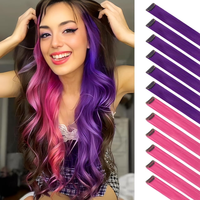 FESHFEN Extensiones de cabello con clip verde, extensión de cabello de color, 10 piezas, pieza de cabello resaltado, clip sintético recto colorido en postizos para mujeres y niñas, fiesta diaria, Navi