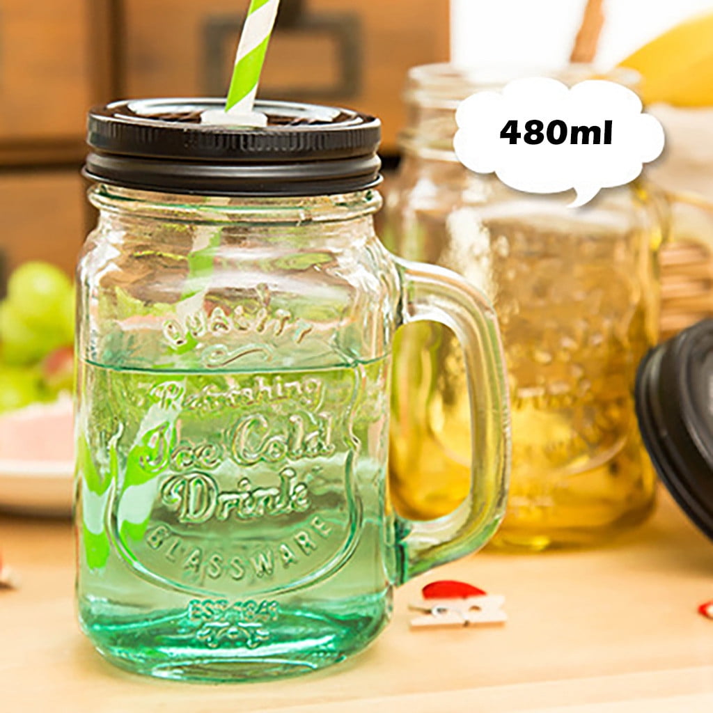 Yellow Coloured Glass Jar With Straw ~ Retro Drinking Glass 
