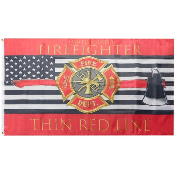 3x5 US Fire Fighter Thin Red Line Logo Axe 100D Woven Poly Nylon 3'x5' Flag