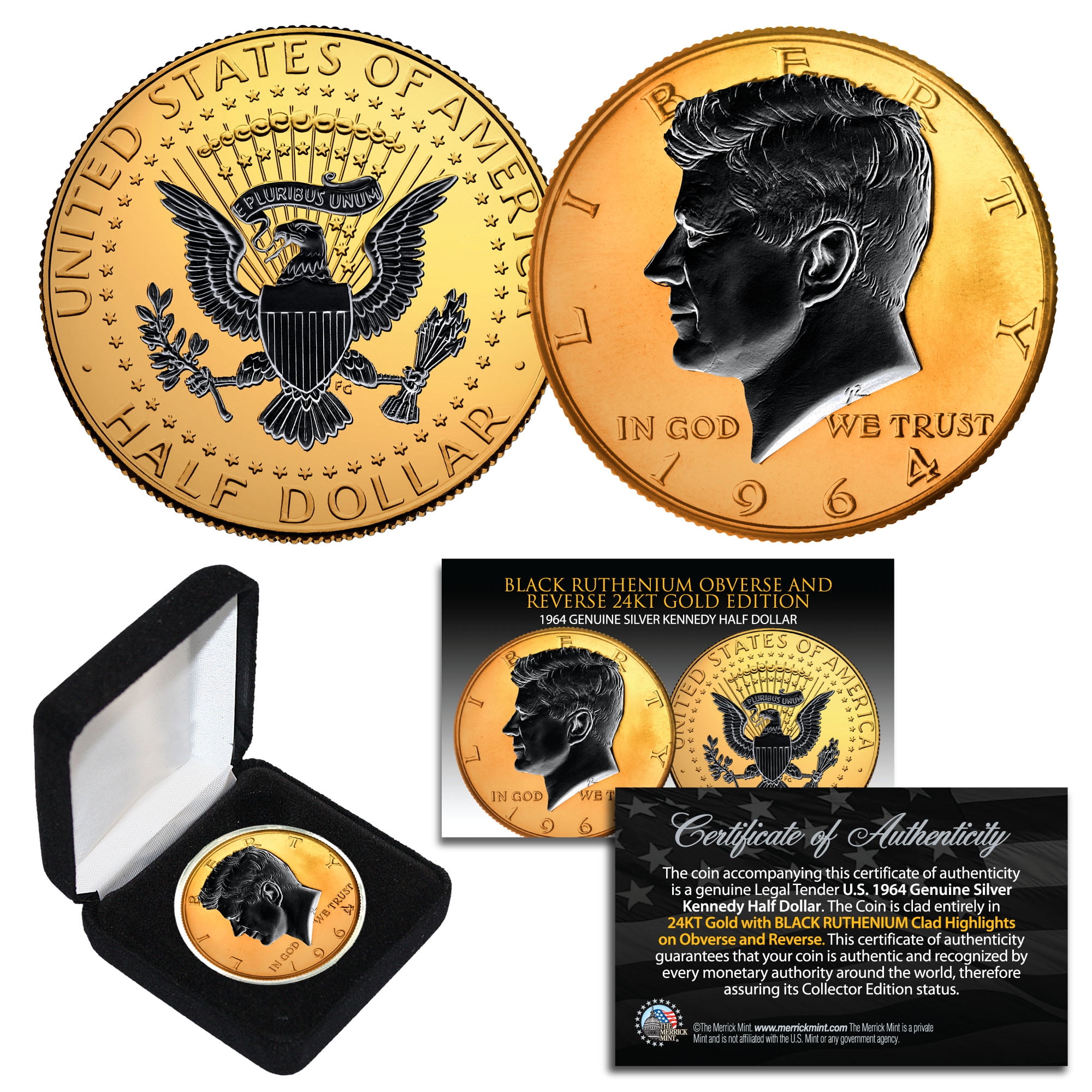 Genuine Silver BU Roosevelt Dime with 2-Sided 24K GOLD BLACK RUTHENIUM 1964 U.S 