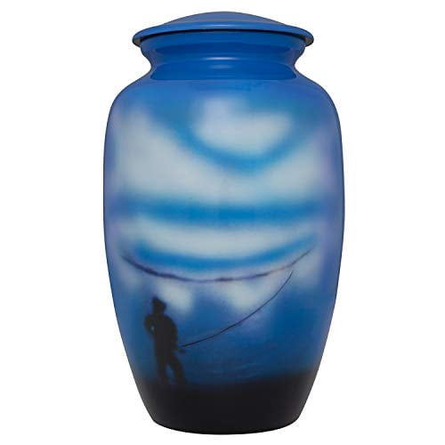 Grande Urne Funéraire Décorative Bleu – Acier Inox 316L, Motif Ailes D'Ange «In Loving Memory», Capacité Jusqu'à 100 Kg Cendres