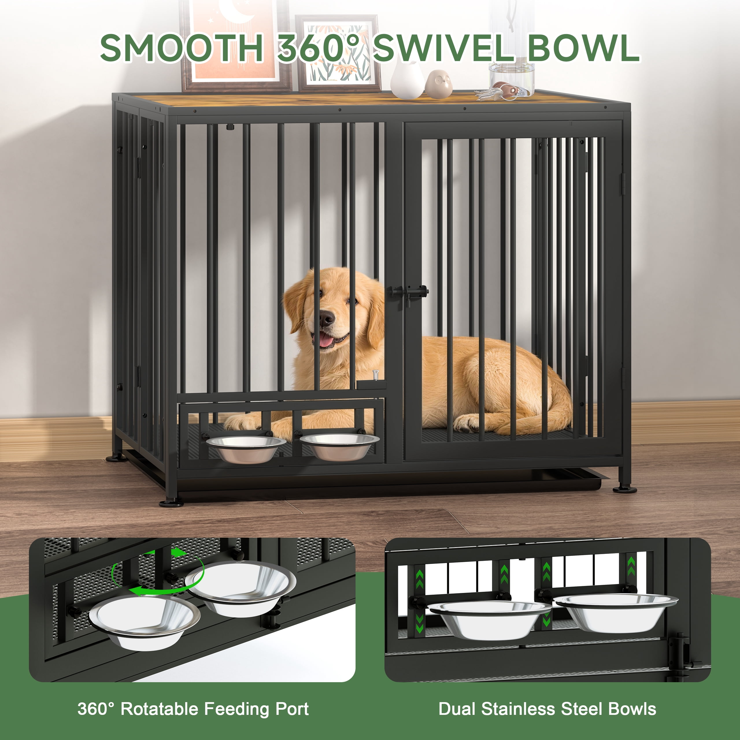 Amoveo 37.8" Heavy Duty Dog Crate for Medium Dogs, 3-in-1 Collapsible Metal Kennel & Playpen with Lockable Wheels & Feeding Bowls, Indoor Outdoor,Brown