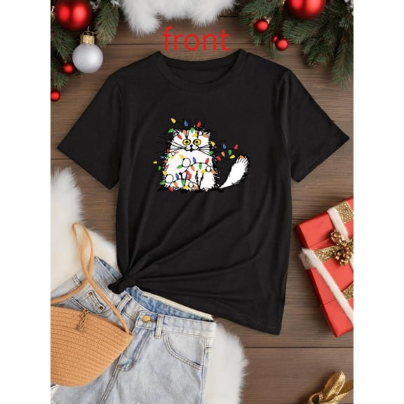 Women's Black Print Tshirt Graphic Tees Shirts Christmas Cat Light Cartoon Pet Design Casual Tops S-5XL