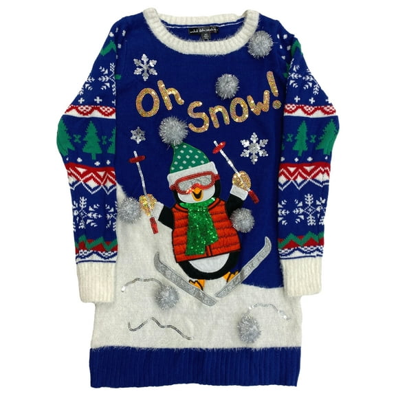 Womens Blue Sequin Skiing Penguin Long Tunic Christmas Holiday Sweater Medium
