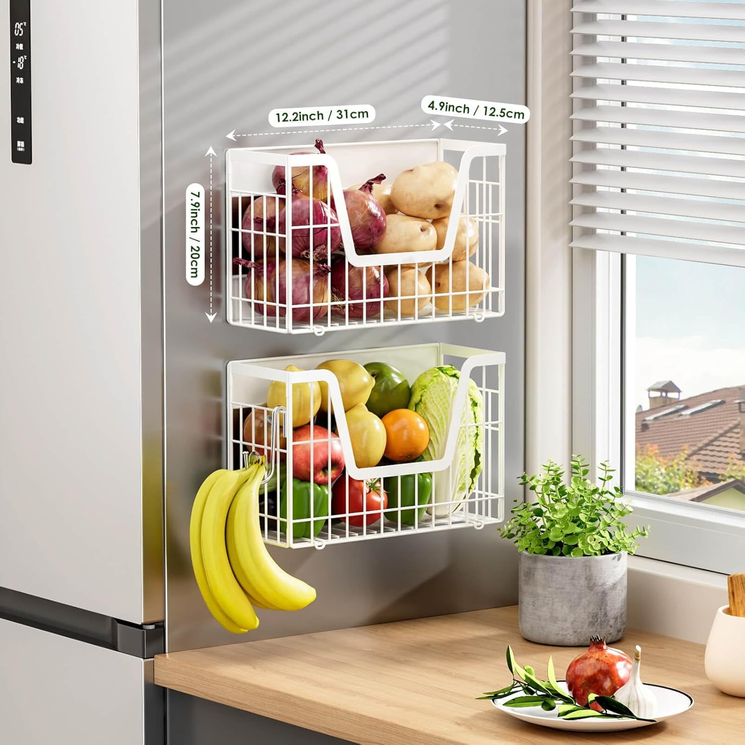 2 Set Magnetic Shelf for Fridge, Potato & Onion Storage Bins, Magnetic Fruit Basket for Refrigerator Pantry Kitchen Counter Laundry, Magnetic Fridge Organizer Spice Snacks Magnet Fridge Shelf