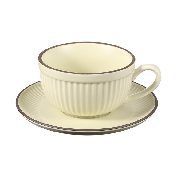 Uxcell Handmade Vintage Espresso Cups, 9.5 oz Stripe Coffee Cups and Saucers Ceramic Tea Cup with Handle Dishwasher and Microwave Safe for Latte Cappuccino Milk Office Home Gifts, Beige
