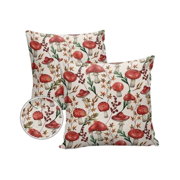 Pack of 2 Outdoor Pillow Covers, Cartoon Mushroom and Vegetables Burlap Texture Waterproof Square Throw Pillowcase Cushion Decorative Pillow Covers for Couch Patio Tent, 16x16 in