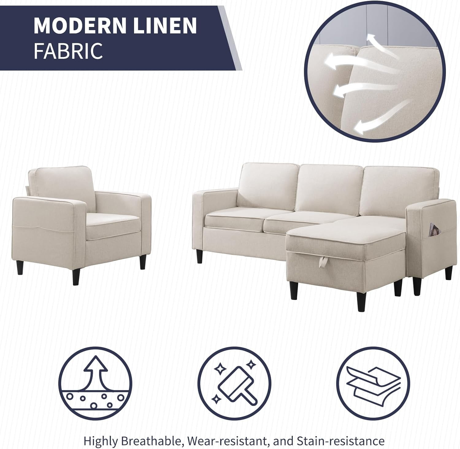 ijuicy Sectional Sofa Set,2PCS Living Room Furniture Couch Sets with Movable Storage Ottoman & Side Pockets,Include Sofa,Chair,Beige