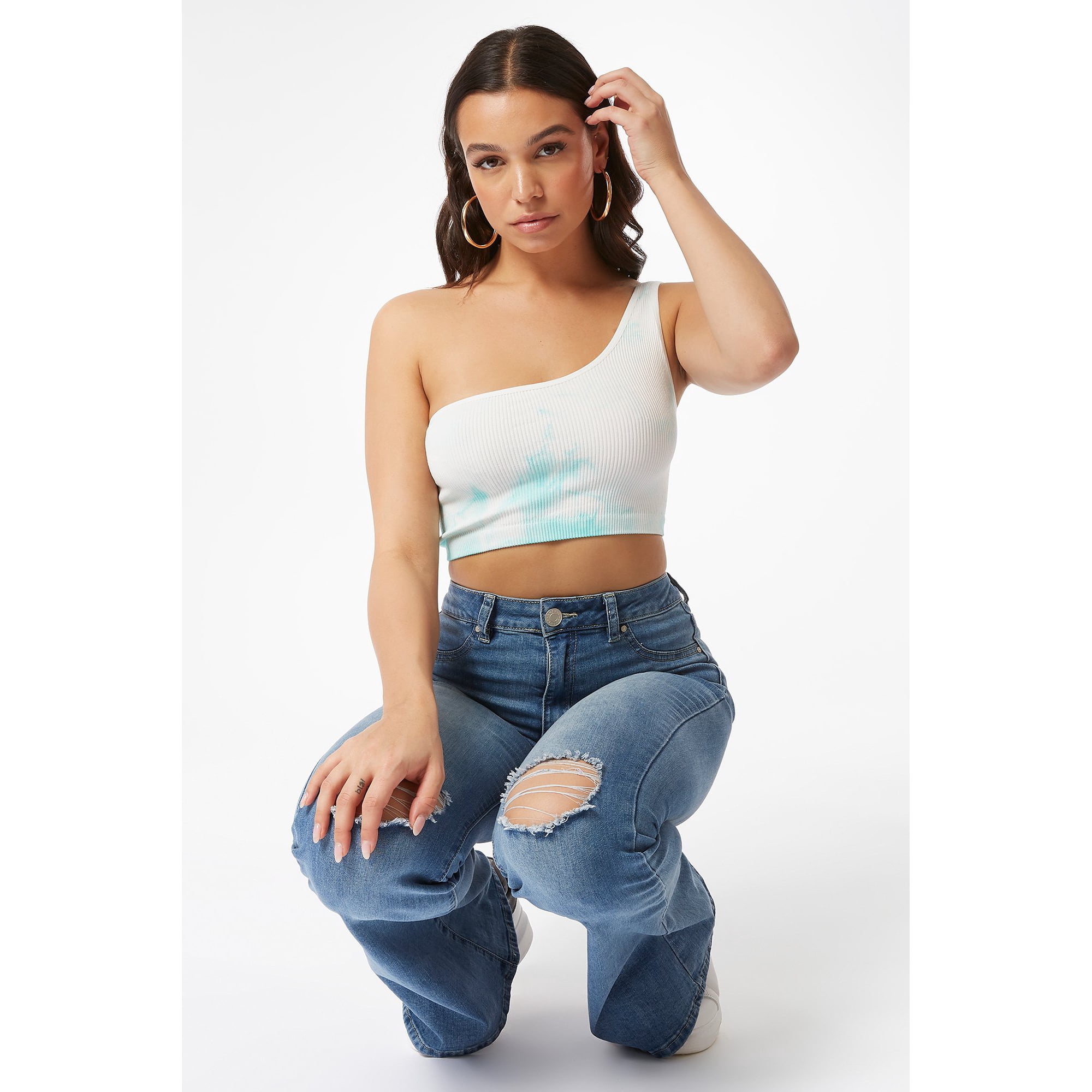 Urban Planet Women s Ribbed Green Tie Dye One Shoulder Cropped Top Walmart