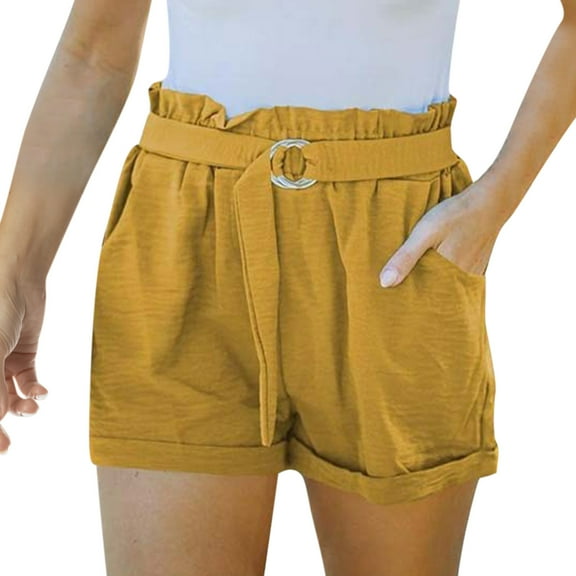 Womens Summer Shorts Casual Solid Color Elastic High Waist Short Pants Buckle Ladies Loose Beach Shorts