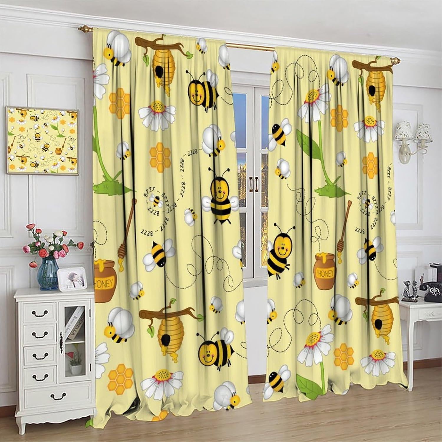 Bee Blackout Curtains Cartoon Flying Bees Daisy Honey Chamomile Flowers Spring Animal Print Living Room Bedroom Cafe Heat Insulation Privacy Curtains 55x63 Inch