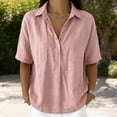 thumbnail image 4 of Miluxas Women's Cotton Linen Button Up Short Sleeve Blouse Lapel Loose Fit Work office Tunic Shirts Summer Beach Vacation Outfits Pink, 4 of 5