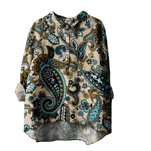 LIJCC Women'S V-Neck Long Sleeve Vintage Floral Print Shirt Linen T Shirt for Women'S Flower Printed Loose Fit Tee Tops Lapel Neck Button Blouses Long Sleeves Casual Tops