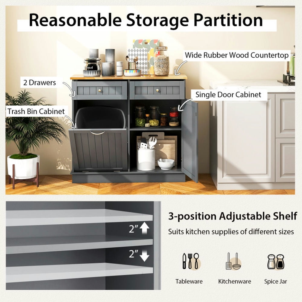 Finihen Kitchen Storage Cabinet, Buffet Sideboard, Rubber Wood Kitchen Trash Cabinet with Single Trash Can Holder and Adjustable Shelf, for Dining Room, Kitchen, Living Room, Gray Finihen Kitchen Storage Cabinet, Buffet Sideboard, Rubber Wood Kitchen Trash Cabinet with Single Trash Can Holder and Adjustable Shelf, for Dining Room, Kitchen, Living Room, Gray