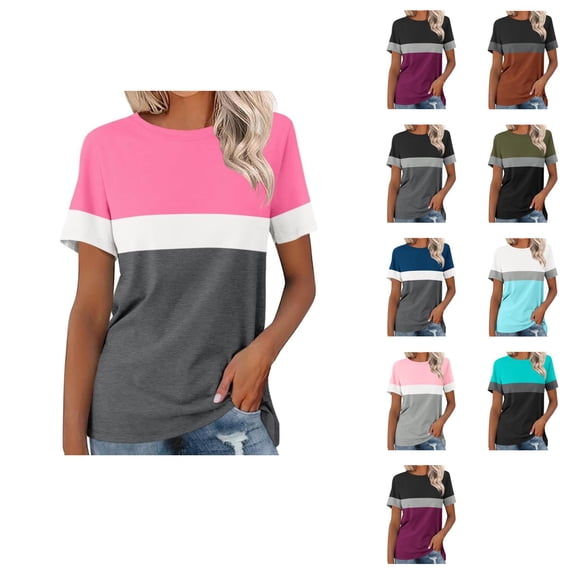 Ahuyic Womens Plus Size Top,Womens Summer Blouse,Womens Casual Striped Printed T-shirt Womens Round Neck Blouse Short Sleeve Top for Womens Summer Watermelon Red S