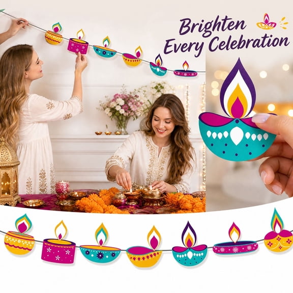 Diwali Decorations for Home, Ceiling Hanging Decor with Oil Lamp Garland, 1 Pack