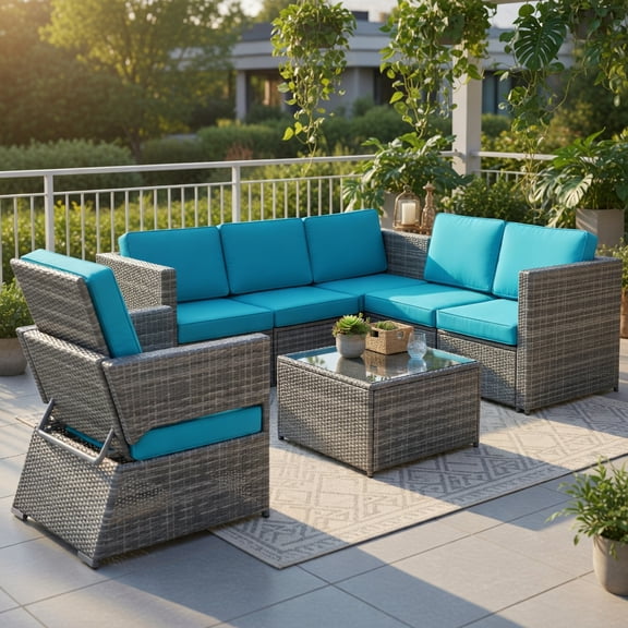 Topcobe 8 Piece Wicker Sofa Rattan Dinning Set Patio Furniture with Storage Table, Outdoor Patio Furniture for Garden Backyard-Turquoise