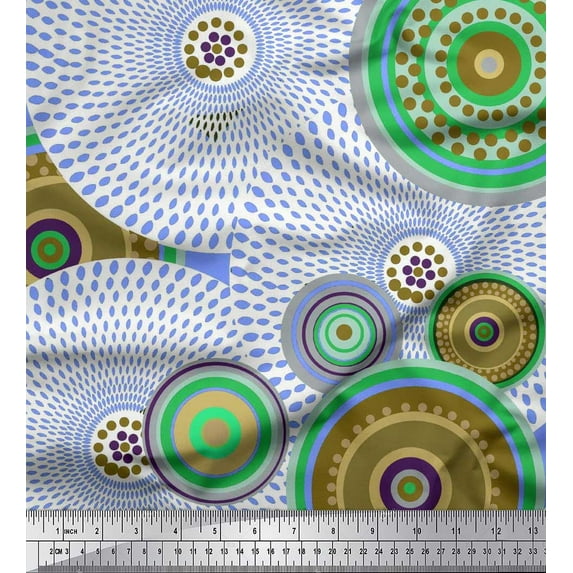 Soimoi Blue Silk Fabric Round Geometric Printed Craft Fabric by the Yard 44 Inch Wide