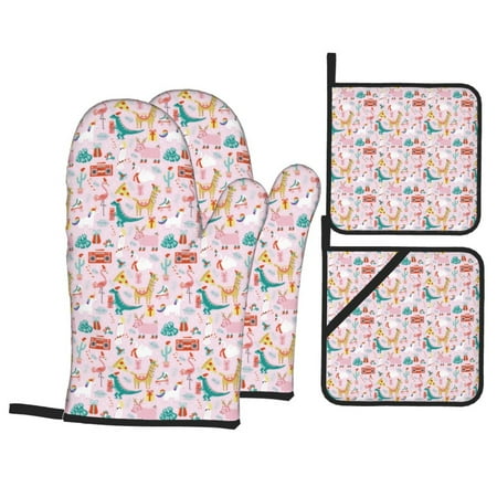 

Oven Mitts and Pot Holders Sets 4 pcs cartoon christmas animals Non-Slip Oven Gloves Potholders Soft Quilted Lining Heat Resistant Gloves Hot Pads for Kitchen Cooking Baking