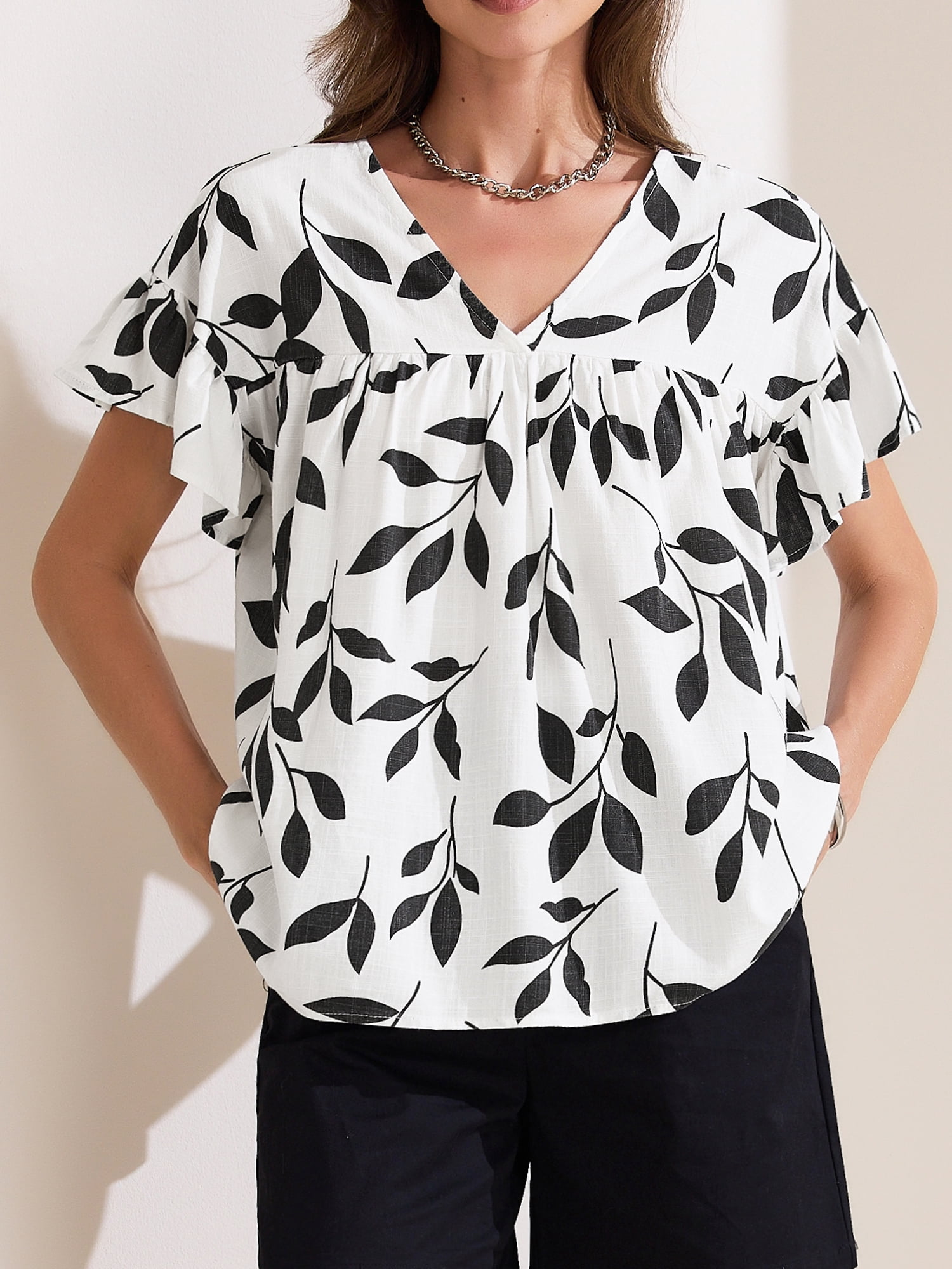 DARING DIVA Women's Peplum Floral Short Sleeve V Neck Ruffle Blouse L White
