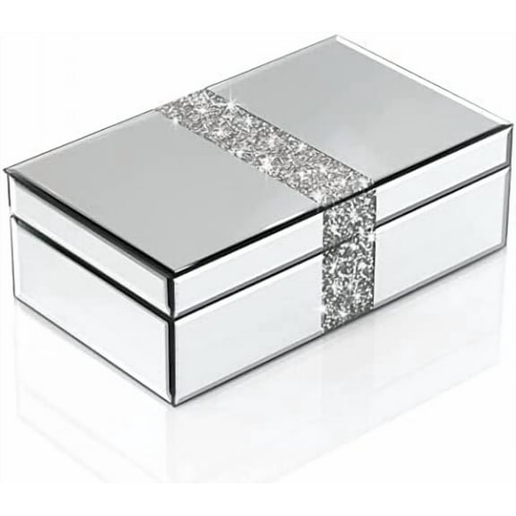 Luxury Middle Silver Bling Crushed Diamond Glass Mirrored Jewelry Box Women Jewelry Organizer Storage Box For Gift