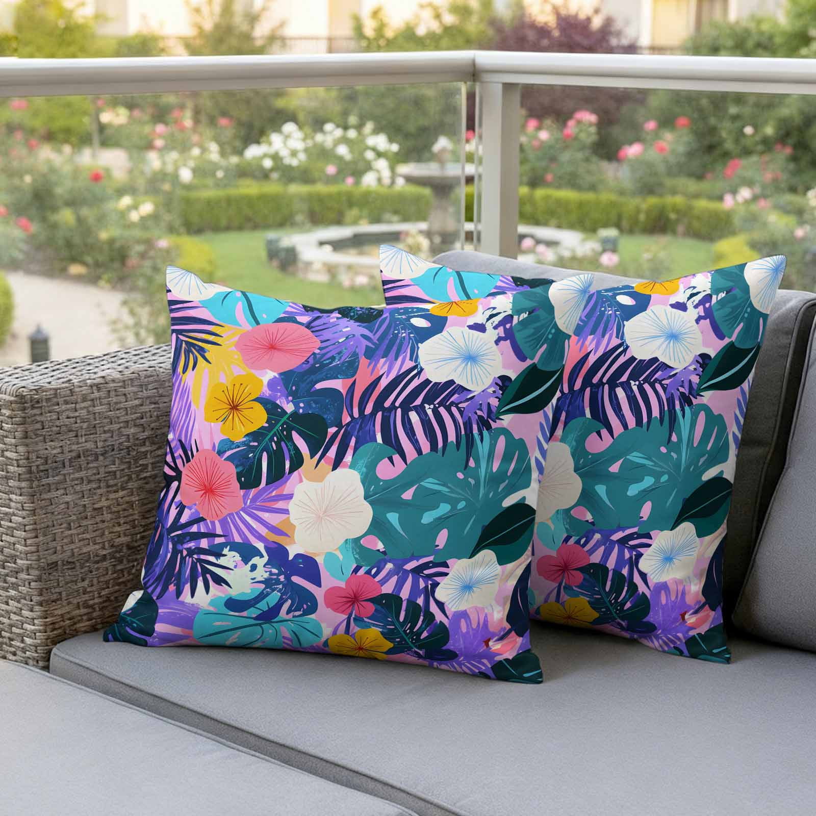 Tropical Leaf Outdoor Waterproof Pillow Covers, Purple Palm Plant Summer Flower Pastoral Decorative Square Throw Pillowcase Sofa Cushion Sham for Patio/Couch/Chair, 18"x18" 2 Pack