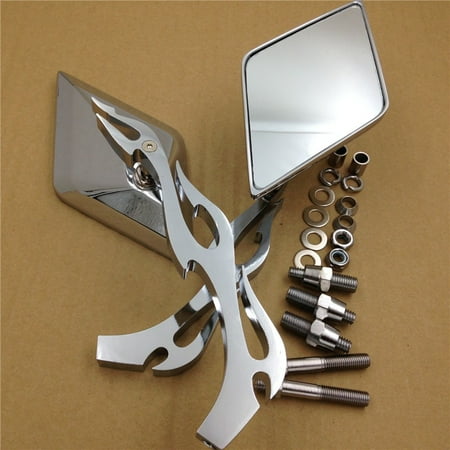 Custom Motorcycle Mirrors Stem HTT-MOTOR Motorcycle Diamond Flame Stem Mirrors For Harley Davidson Or Metric Bike Chromed ()