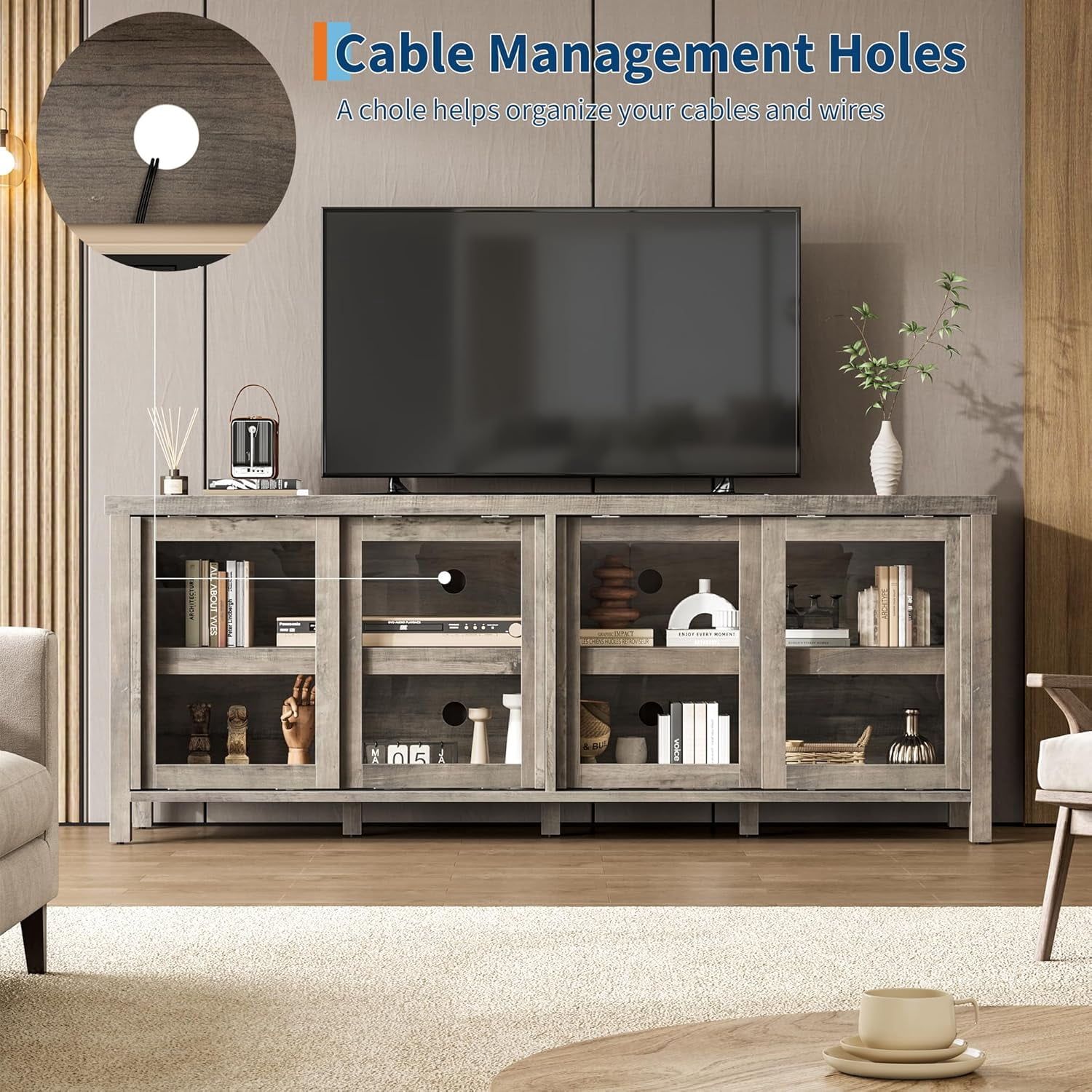 TV Stand for 65 Inch, Entertainment Center with Storage Cabinet and 4 Sliding Glass Doors, Mid Century Modern Media TV Console Table for Living Room Bedroom