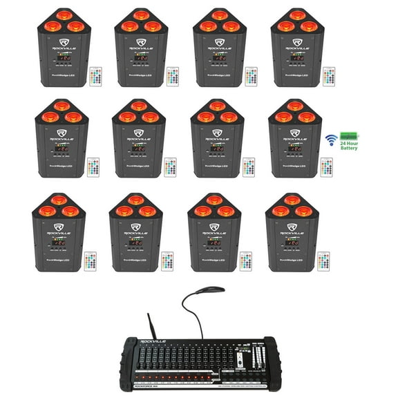 12) Rockville RockWedge LED Battery Lights 384 Channel Wireless DMX Controller