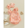 thumbnail image 3 of FEORJGP Toddler Baby Girls Summer Romper Newborn 3M 6M 12M 18M Orange Flying Sleeve Jumpsuit Daisy Print Bodysuit Square Neck Overalls with Headband Infant Casual Cute Clothes, 3 of 8