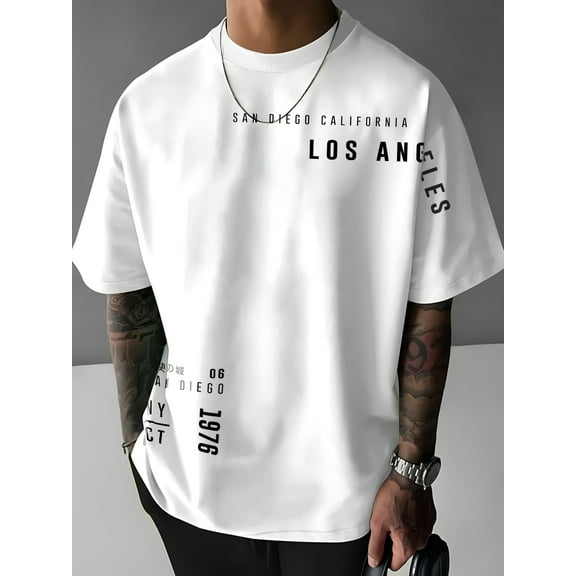 Men's Letter Graphic Tees Cotton Short Sleeve Printed Top Crewneck Casual Regular T-Shirt for Boys White E XXL