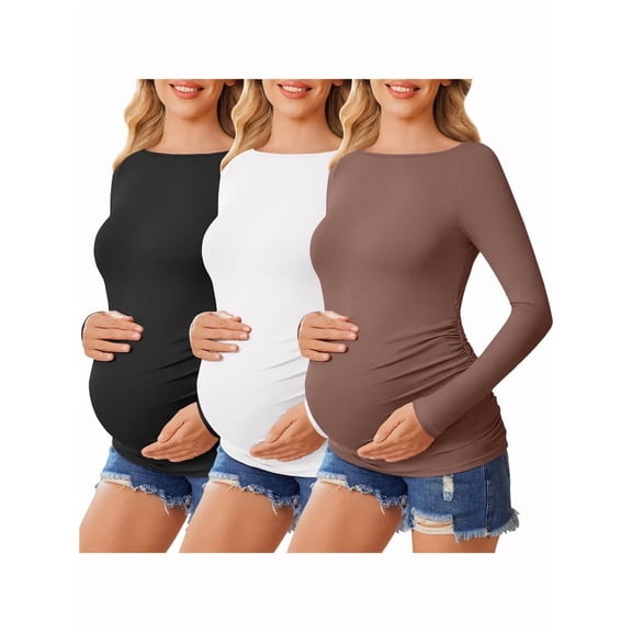 Weardear 3 Packs Maternity Tops Long Sleeve Boat Neck Pregnancy Tunic T Shirts Side Ruched Casual Pregnant Clothes