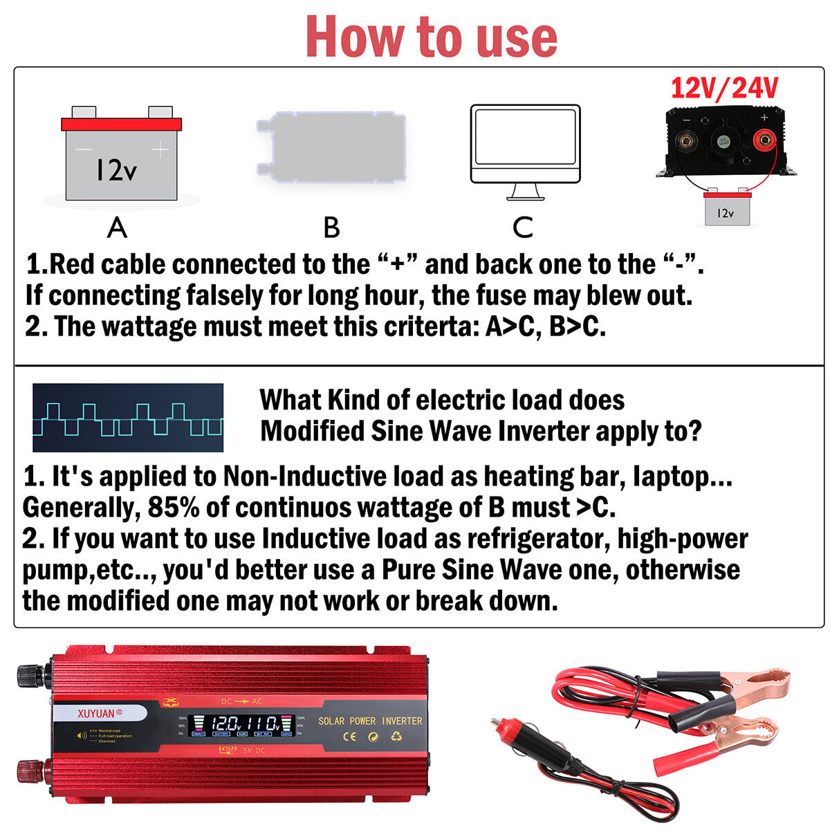 7000W Inversor de corriente para Carro Auto Convertidor solar DC 12/24V a AC110V