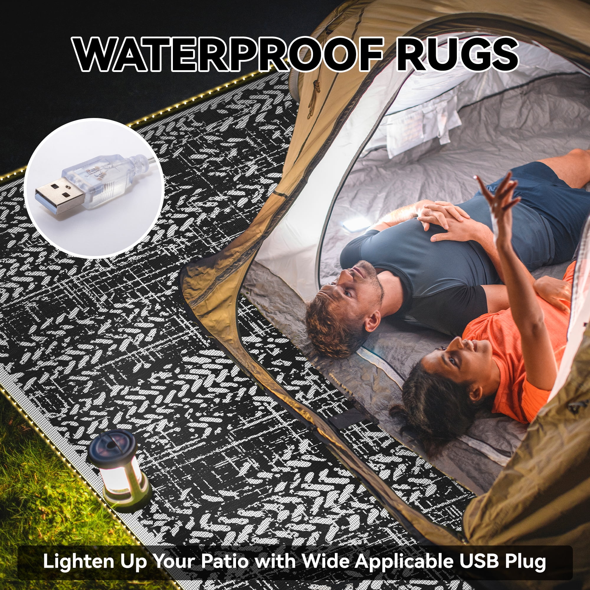 VUNATE Outdoor Rug 9'x12' with Led Light Strips Patio Rug Waterproof Woven Plastic Outdoor Mat for Picnic RV Porch Camping Reversible Outside Rug Black White