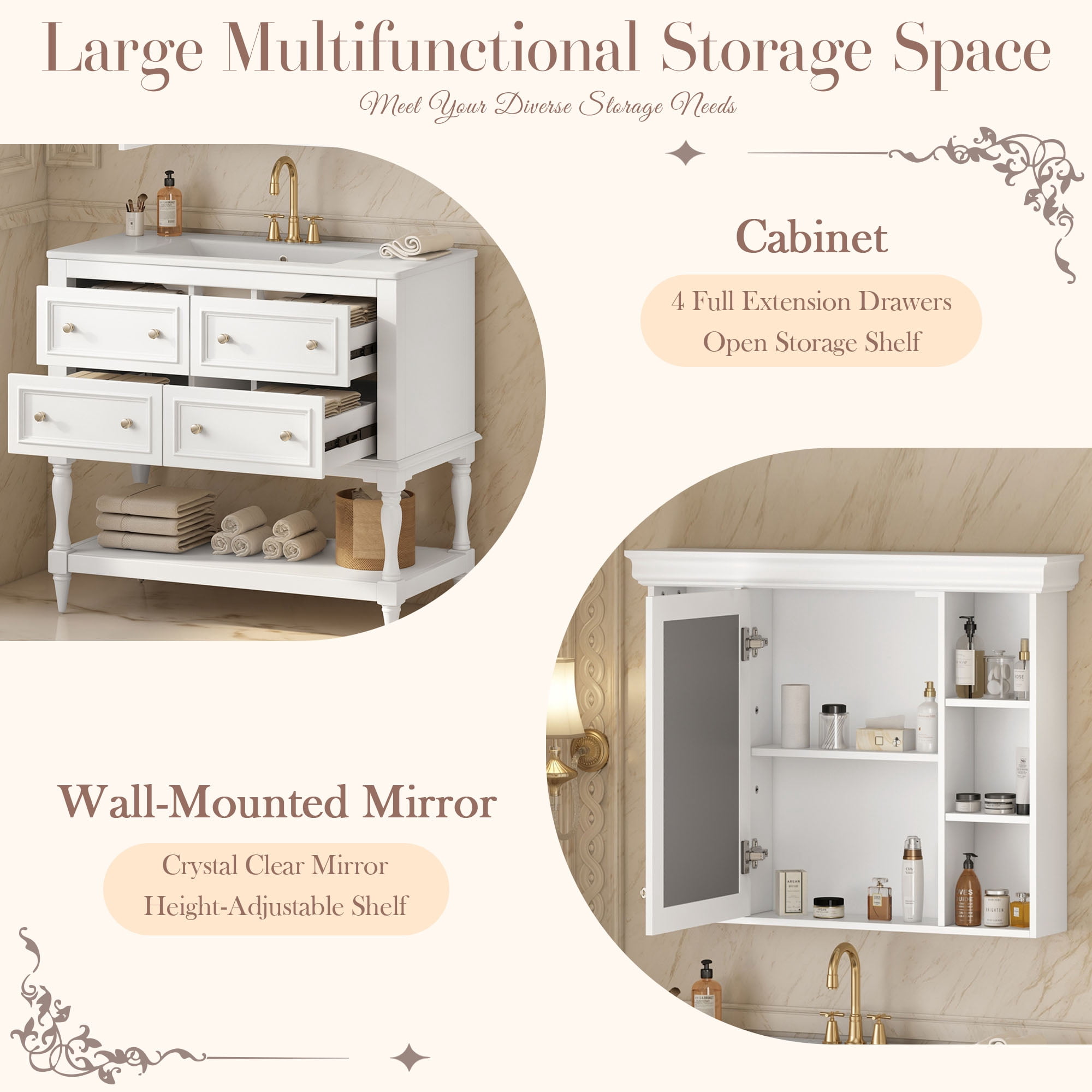 Harper & Bright Designs 36" Bathroom Vanity Sink Combo, Bathroom Mirror Cabinet with Adjustable Shelf, Bathroom storage Cabinet with Drawers, White