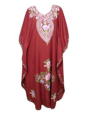 Mogul Women's Maxi Caftan Embellished Kimono Sleeves V-Neck Cotton Blend Floral Long Kaftan Dress 3XL